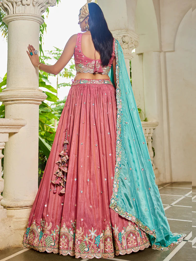 Pink Golden Satin Lehenga Choli Set with Embroidered Dupatta Indian Bridal Outfit ClothsVilla