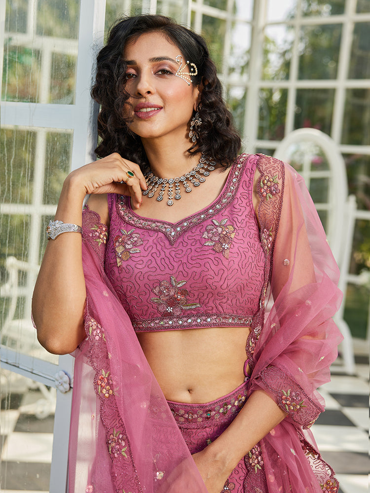 Pink Gorgeous Net Lehenga Choli Set with Heavy Sequins and Thread Embroidery ClothsVilla