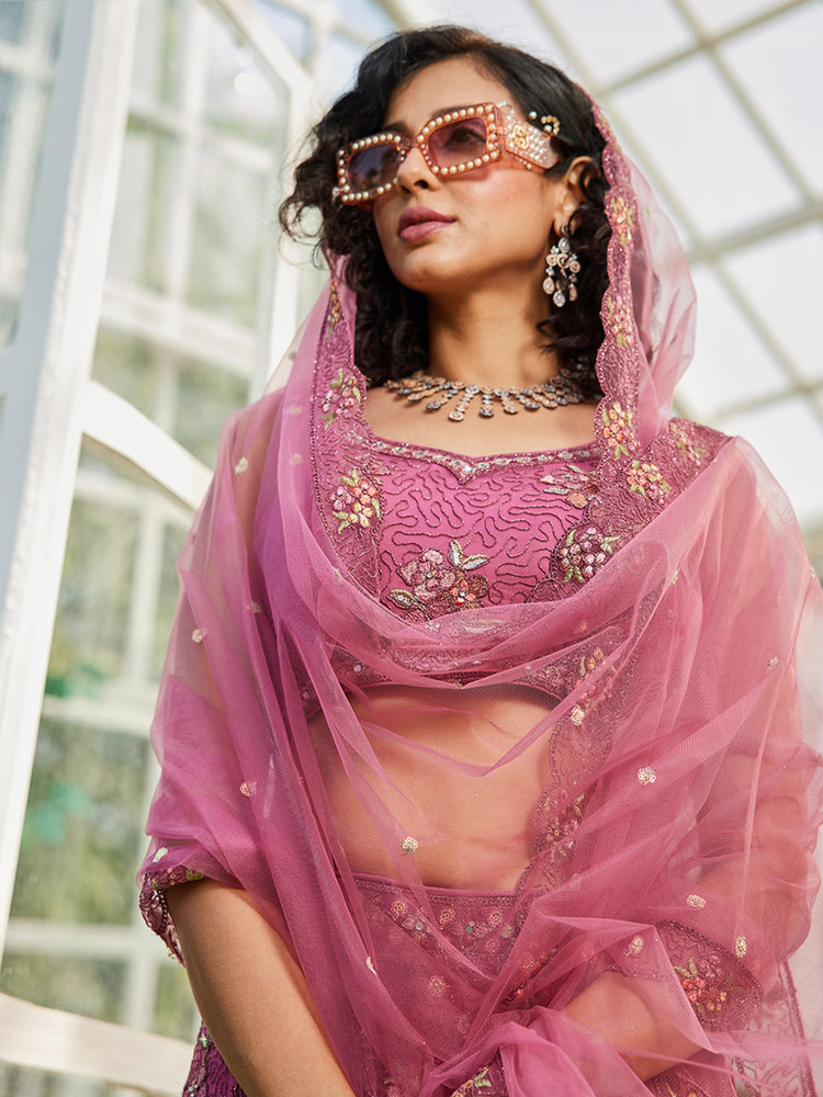 Pink Gorgeous Net Lehenga Choli Set with Heavy Sequins and Thread Embroidery ClothsVilla