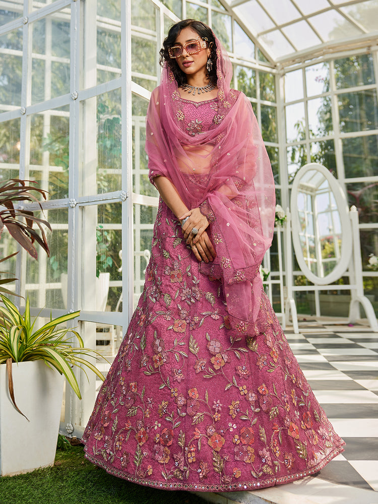 Pink Gorgeous Net Lehenga Choli Set with Heavy Sequins and Thread Embroidery ClothsVilla