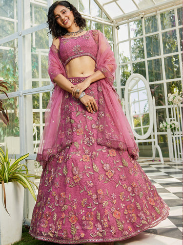 Pink Gorgeous Net Lehenga Choli Set with Heavy Sequins and Thread Embroidery ClothsVilla