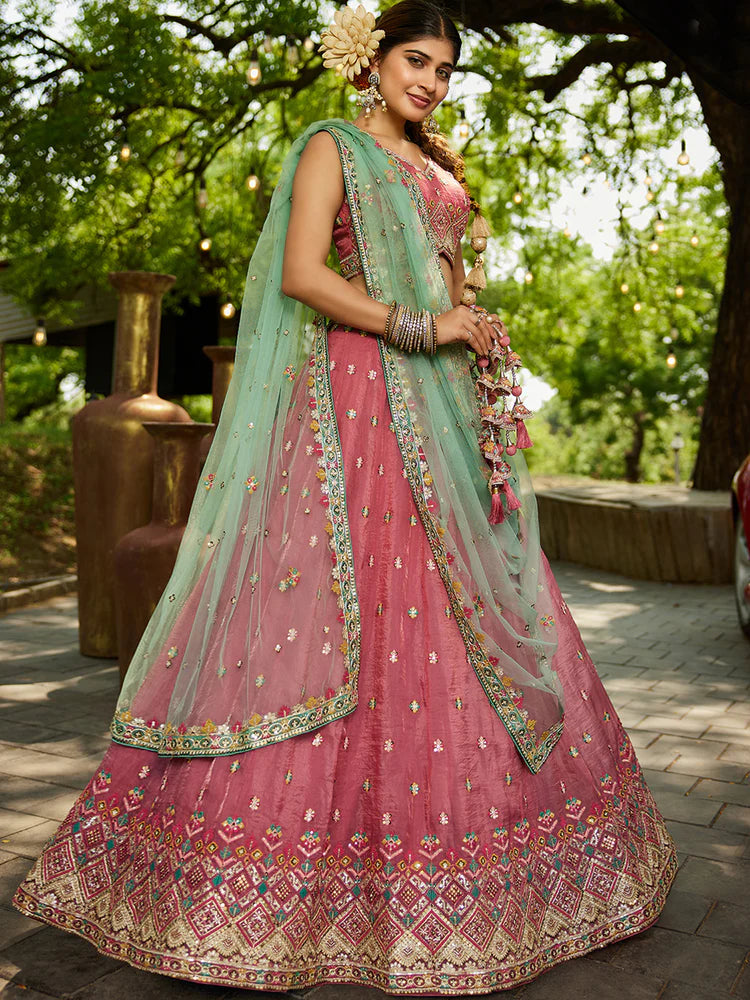 Pink Gorgeous Pure Georgette Tissue Lehenga Choli Set with Heavy Sequin & Thread Embroidery Work ClothsVilla