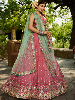 Pink Gorgeous Pure Georgette Tissue Lehenga Choli Set with Heavy Sequin & Thread Embroidery Work ClothsVilla
