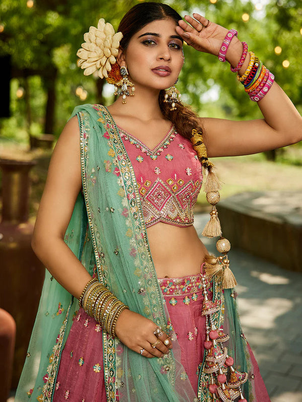 Pink Gorgeous Pure Georgette Tissue Lehenga Choli Set with Heavy Sequin & Thread Embroidery Work ClothsVilla