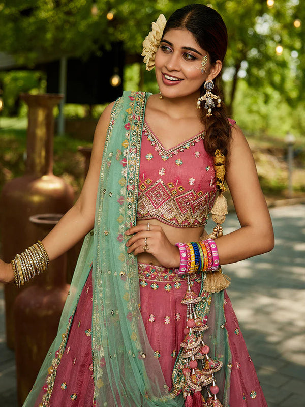 Pink Gorgeous Pure Georgette Tissue Lehenga Choli Set with Heavy Sequin & Thread Embroidery Work ClothsVilla
