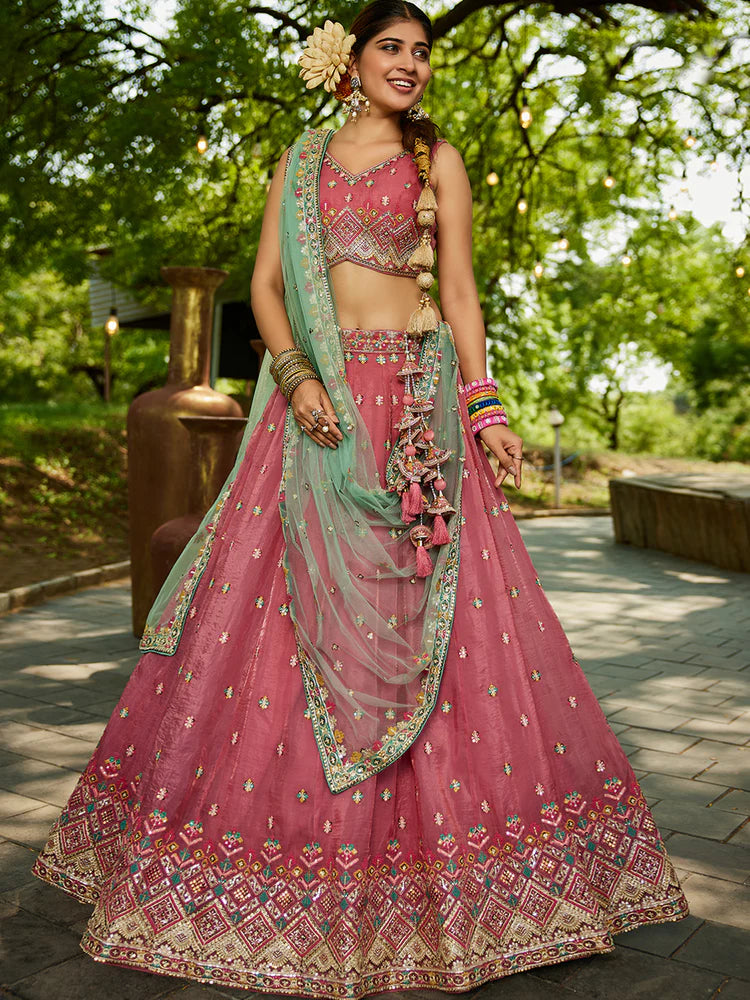 Pink Gorgeous Pure Georgette Tissue Lehenga Choli Set with Heavy Sequin & Thread Embroidery Work ClothsVilla