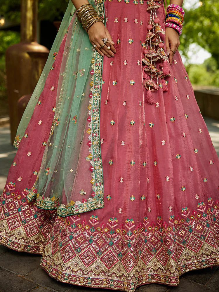 Pink Gorgeous Pure Georgette Tissue Lehenga Choli Set with Heavy Sequin & Thread Embroidery Work ClothsVilla