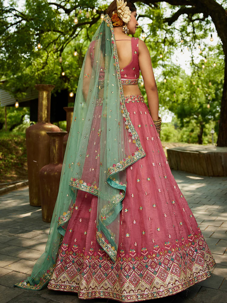 Pink Gorgeous Pure Georgette Tissue Lehenga Choli Set with Heavy Sequin & Thread Embroidery Work ClothsVilla