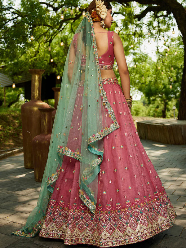 Pink Gorgeous Pure Georgette Tissue Lehenga Choli Set with Heavy Sequin & Thread Embroidery Work ClothsVilla