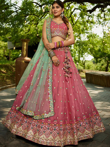 Pink Gorgeous Pure Georgette Tissue Lehenga Choli Set with Heavy Sequin & Thread Embroidery Work ClothsVilla