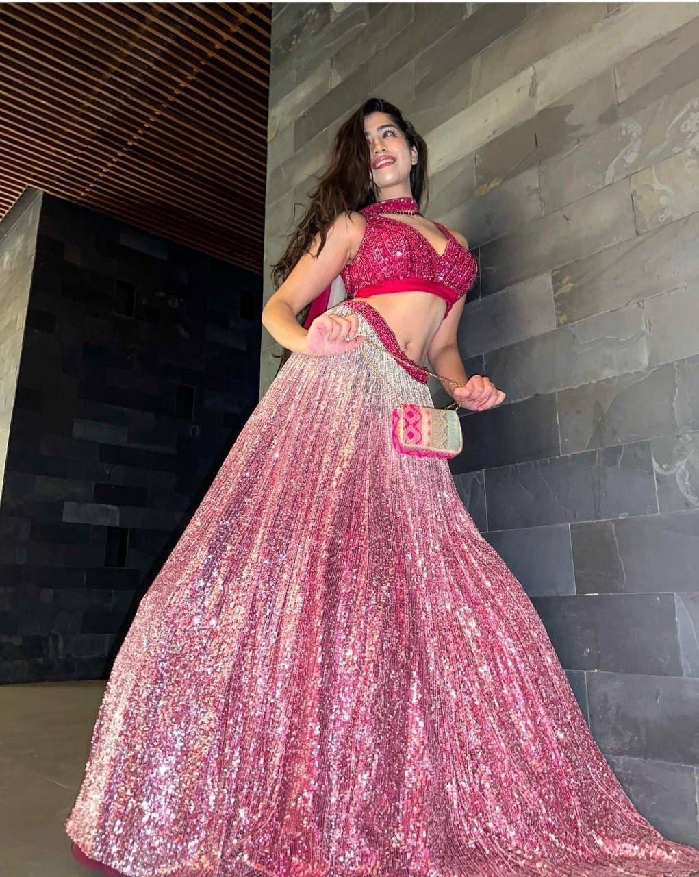 Pink Gorgeous Satin Silk Sequined Lehenga Set Secondary image