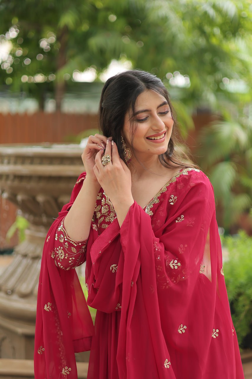 pink Gown with Dupatta Faux Blooming & Sequins Embroidery Clothsvilla