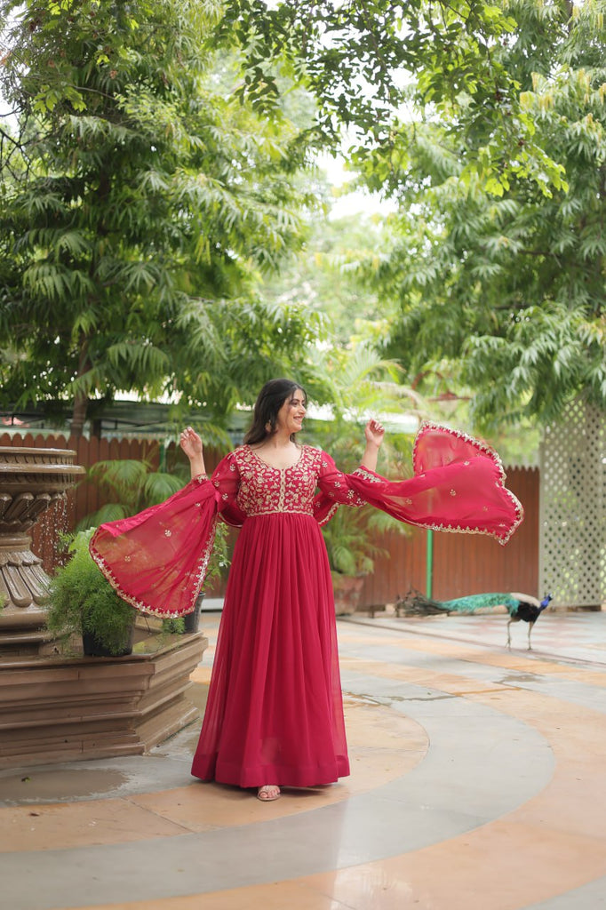 pink Gown with Dupatta Faux Blooming & Sequins Embroidery Clothsvilla