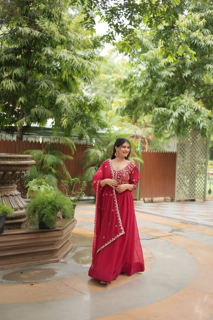 pink Gown with Dupatta Faux Blooming & Sequins Embroidery Clothsvilla