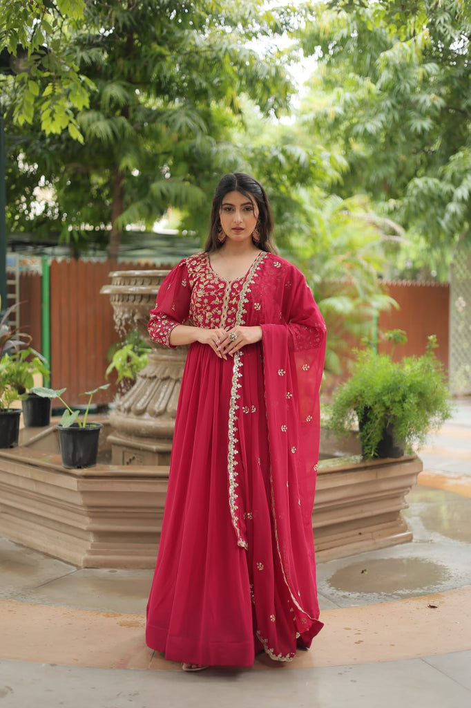 pink Gown with Dupatta Faux Blooming & Sequins Embroidery Clothsvilla