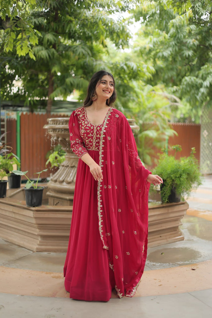 pink Gown with Dupatta Faux Blooming & Sequins Embroidery Clothsvilla