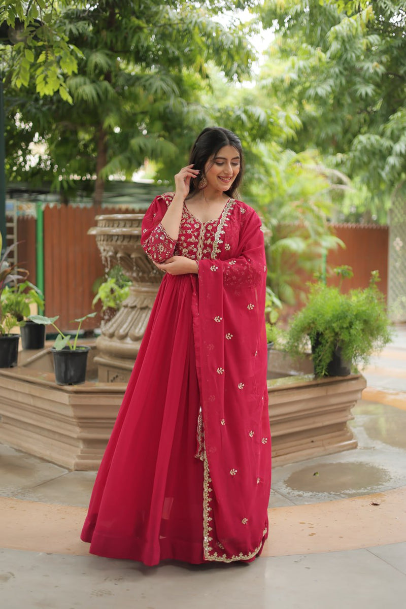 Radiant Pink Floral Ensemble Graceful Gown with Dupatta Set