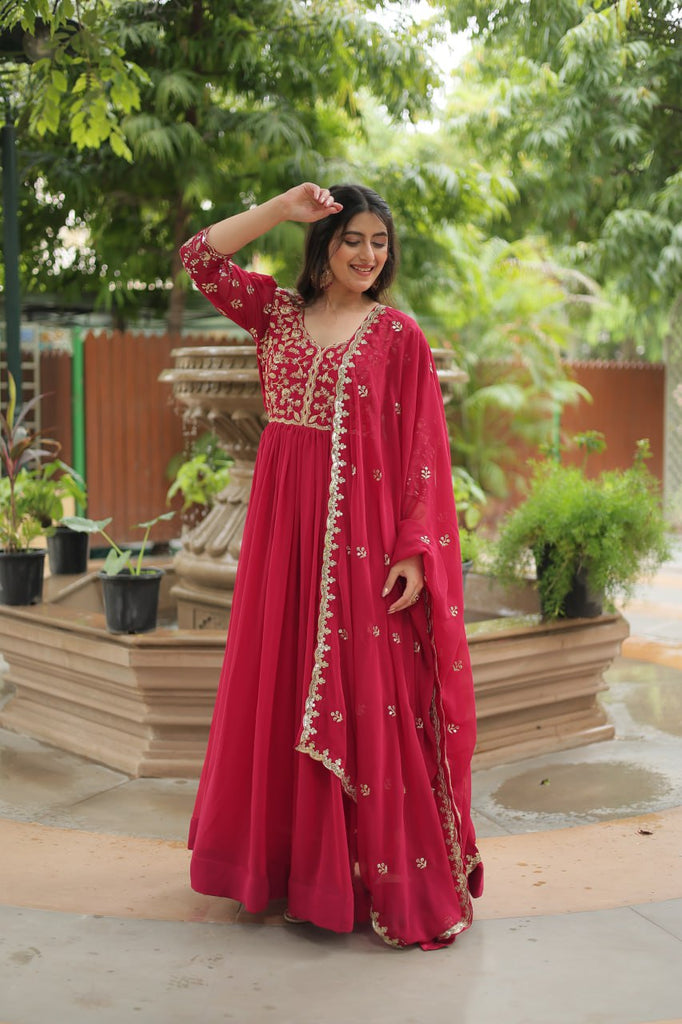 pink Gown with Dupatta Faux Blooming & Sequins Embroidery Clothsvilla