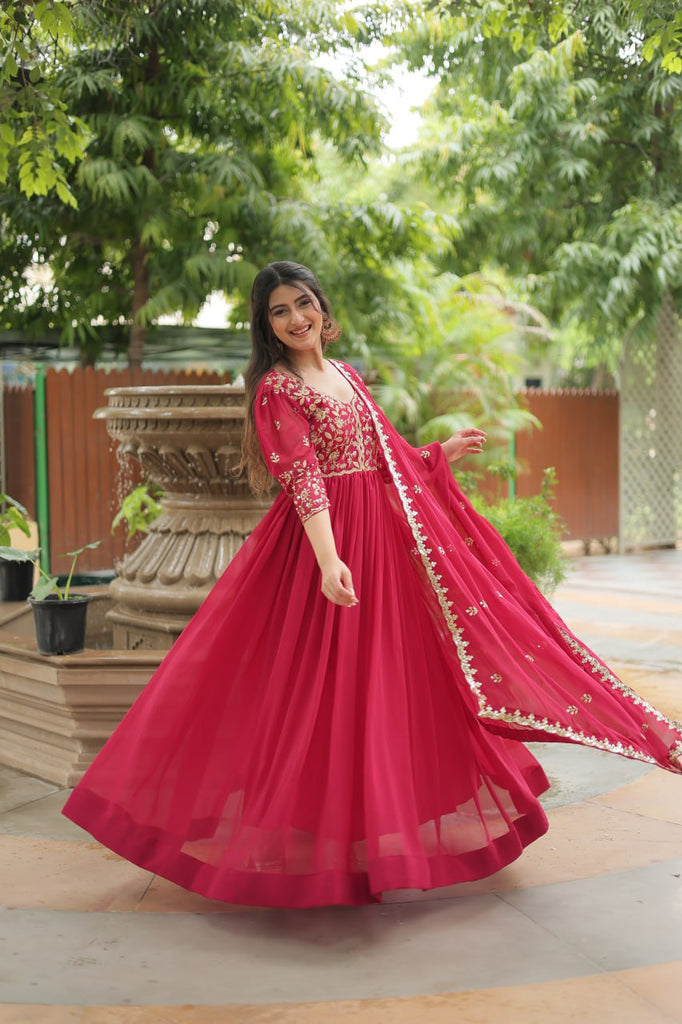 pink Gown with Dupatta Faux Blooming & Sequins Embroidery Clothsvilla