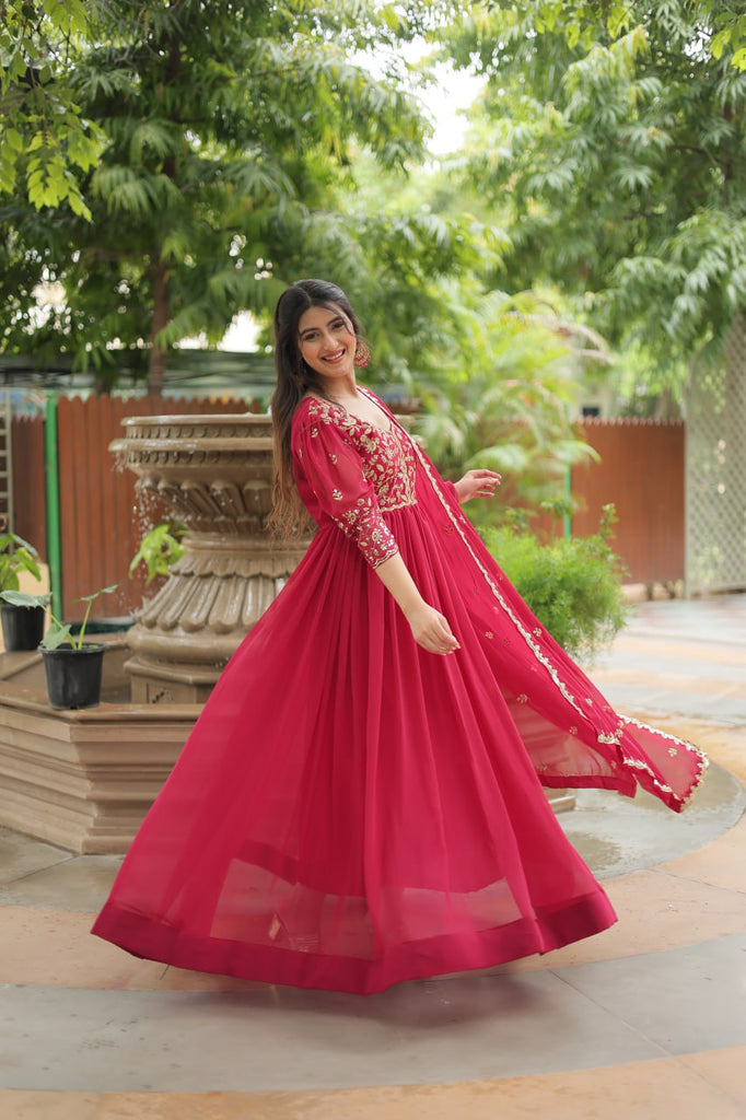 pink Gown with Dupatta Faux Blooming & Sequins Embroidery Clothsvilla