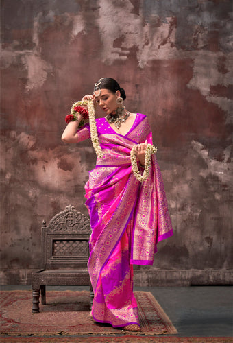 Pink Graceful Art Silk Printed Handloom Saree with Unstitched Blouse Piece ClothsVilla