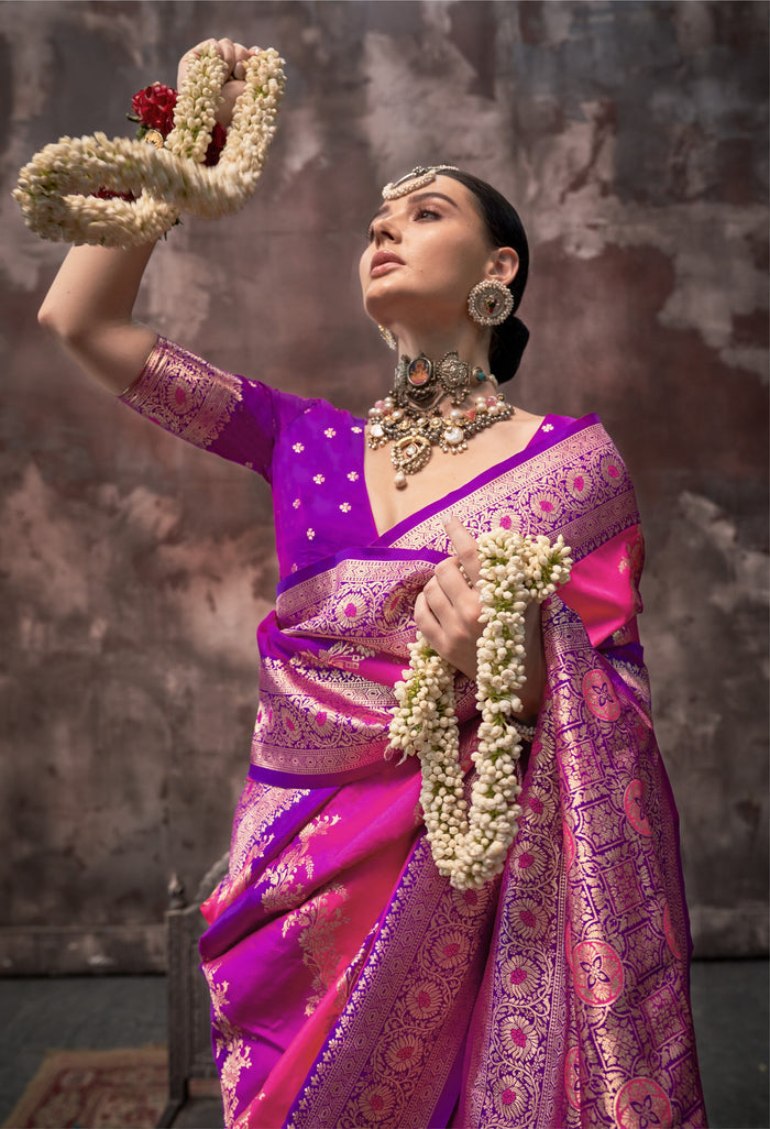 Pink Graceful Art Silk Printed Handloom Saree with Unstitched Blouse Piece ClothsVilla