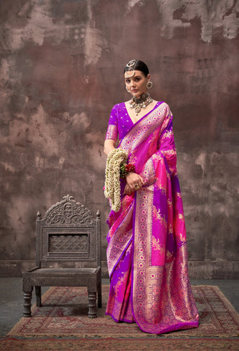 Pink Graceful Art Silk Printed Handloom Saree with Unstitched Blouse Piece ClothsVilla