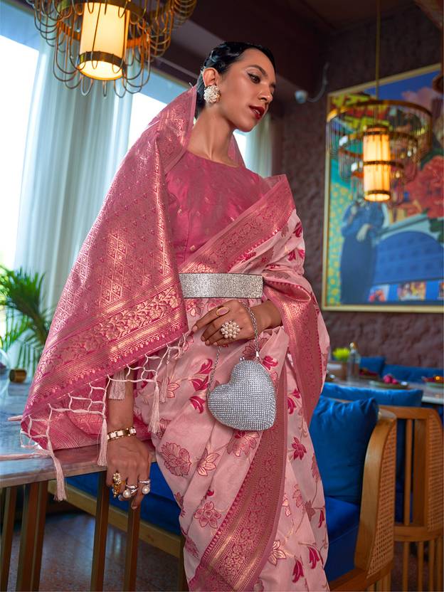 Pink Graceful Bollywood Style Organza Saree with Unstitched Blouse Piece ClothsVilla