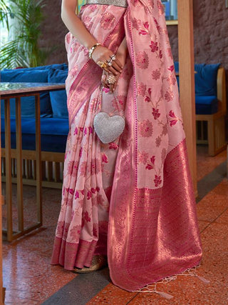 Pink Graceful Bollywood Style Organza Saree with Unstitched Blouse Piece ClothsVilla