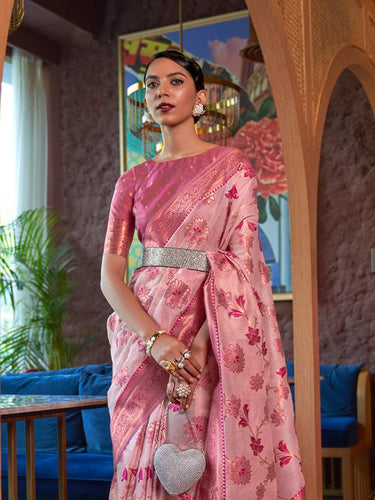 Pink Graceful Bollywood Style Organza Saree with Unstitched Blouse Piece ClothsVilla