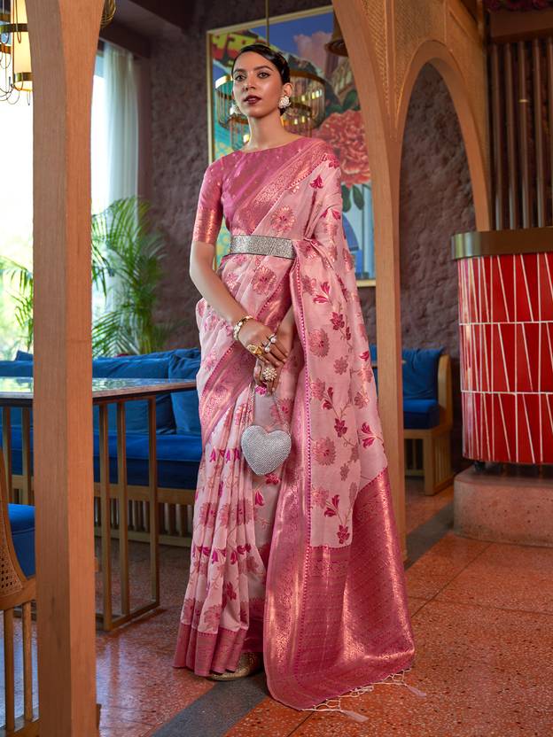 Pink Graceful Bollywood Style Organza Saree with Unstitched Blouse Piece ClothsVilla