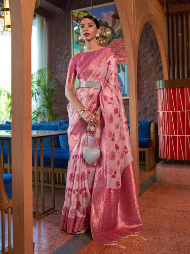 Pink Graceful Bollywood Style Organza Saree with Unstitched Blouse Piece ClothsVilla
