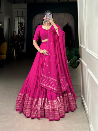 Pink Graceful Elegance Pure Chanderi Plain Lehenga with Zari Border & Sequin Embellished Dupatta
