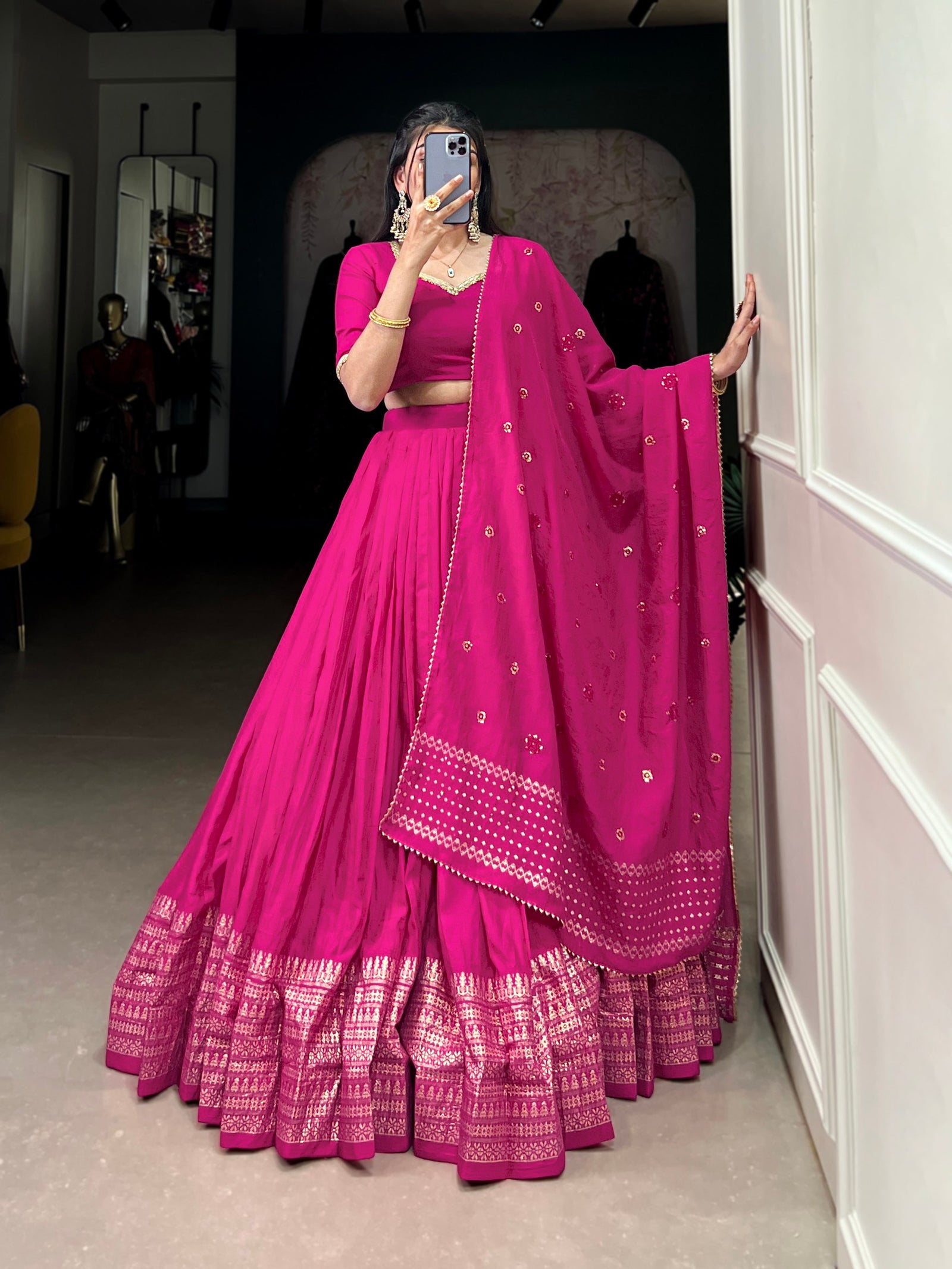 Pink Graceful Elegance Pure Chanderi Plain Lehenga with Zari Border & Sequin Embellished Dupatta