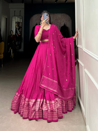 Pink Graceful Elegance Pure Chanderi Plain Lehenga with Zari Border & Sequin Embellished Dupatta