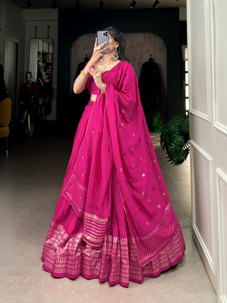 Pink Graceful Elegance Pure Chanderi Plain Lehenga with Zari Border & Sequin Embellished Dupatta