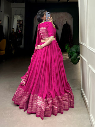 Pink Graceful Elegance Pure Chanderi Plain Lehenga with Zari Border & Sequin Embellished Dupatta