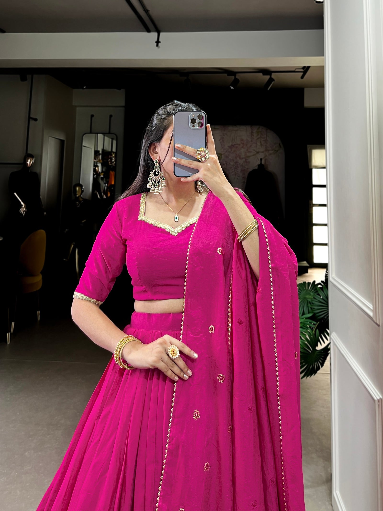 Pink Graceful Elegance Pure Chanderi Plain Lehenga with Zari Border & Sequin Embellished Dupatta