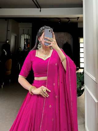 Pink Graceful Elegance Pure Chanderi Plain Lehenga with Zari Border & Sequin Embellished Dupatta
