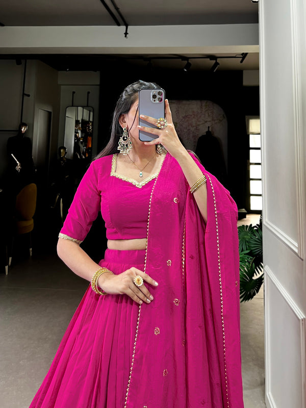 Pink Graceful Elegance Pure Chanderi Plain Lehenga with Zari Border & Sequin Embellished Dupatta