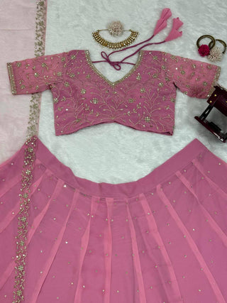 Pink Graceful Faux Georgette Semi-Stitched Lehenga Choli Set with Embroidered Butterfly Net Dupatta ClothsVilla