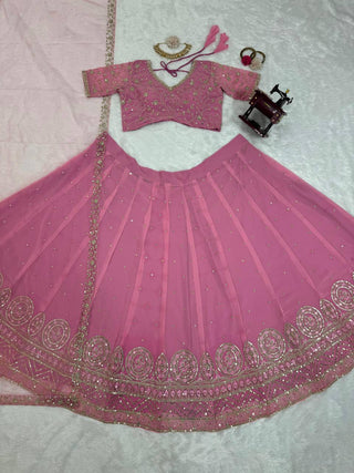 Pink Graceful Faux Georgette Semi-Stitched Lehenga Choli Set with Embroidered Butterfly Net Dupatta ClothsVilla
