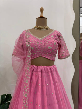 Pink Graceful Faux Georgette Semi-Stitched Lehenga Choli Set with Embroidered Butterfly Net Dupatta ClothsVilla