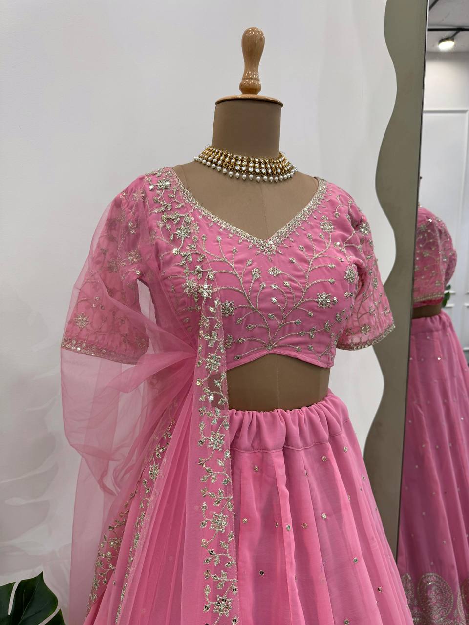 Pink Graceful Faux Georgette Semi-Stitched Lehenga Choli Set with Embroidered Butterfly Net Dupatta ClothsVilla