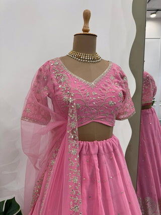 Pink Graceful Faux Georgette Semi-Stitched Lehenga Choli Set with Embroidered Butterfly Net Dupatta ClothsVilla