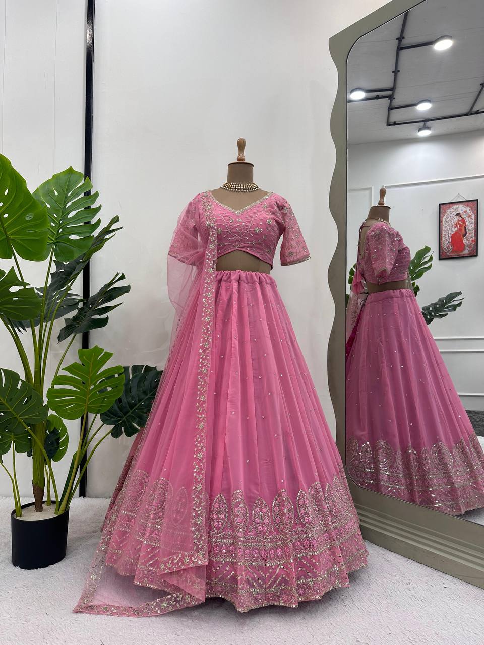 Pink Graceful Faux Georgette Semi-Stitched Lehenga Choli Set with Embroidered Butterfly Net Dupatta ClothsVilla