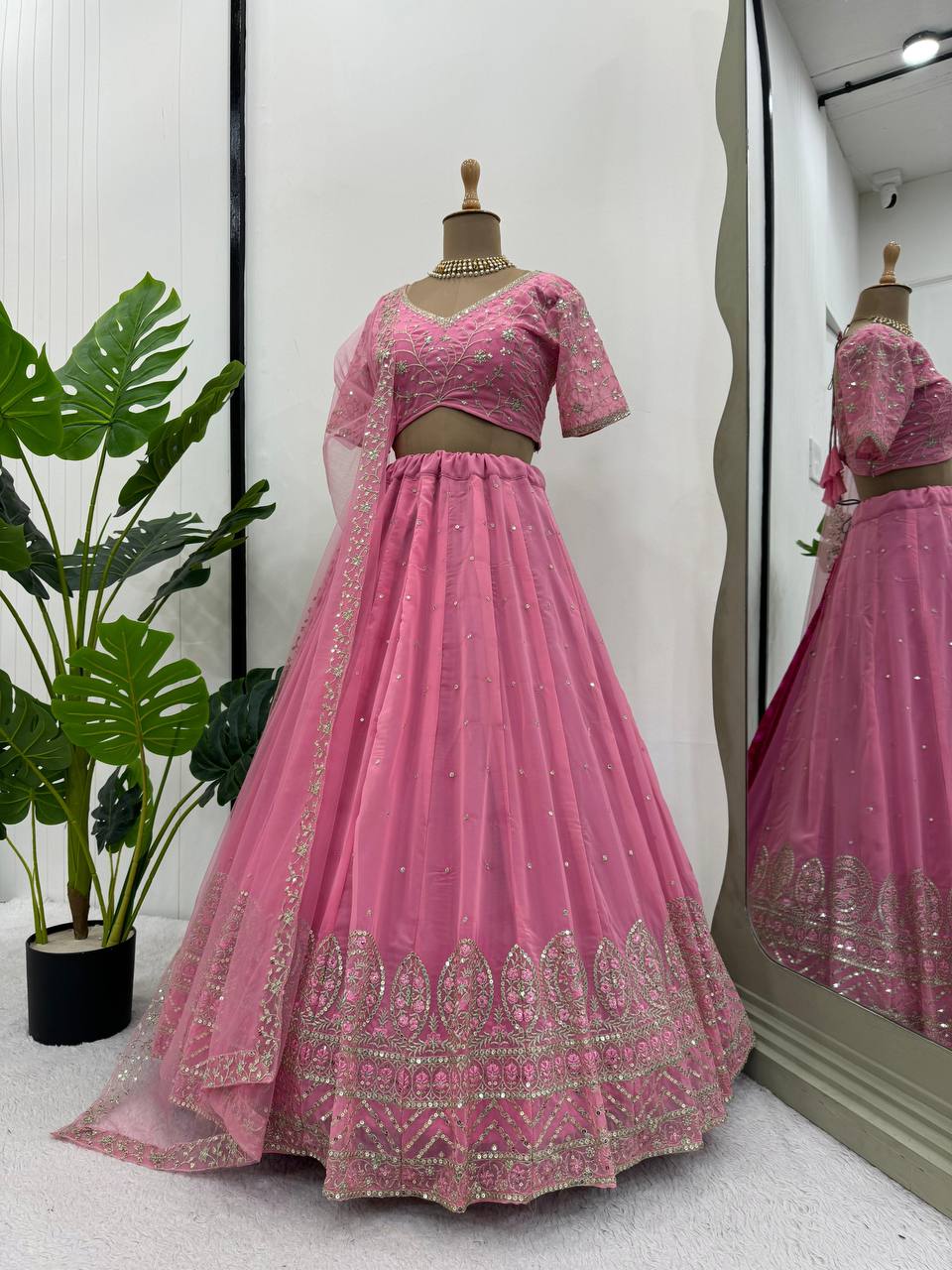 Pink Graceful Faux Georgette Semi-Stitched Lehenga Choli Set with Embroidered Butterfly Net Dupatta ClothsVilla