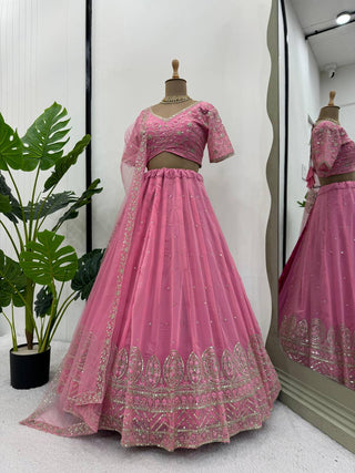 Pink Graceful Faux Georgette Semi-Stitched Lehenga Choli Set with Embroidered Butterfly Net Dupatta ClothsVilla