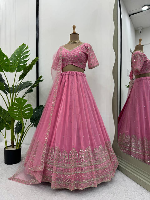 Pink Graceful Faux Georgette Semi-Stitched Lehenga Choli Set with Embroidered Butterfly Net Dupatta ClothsVilla Main image