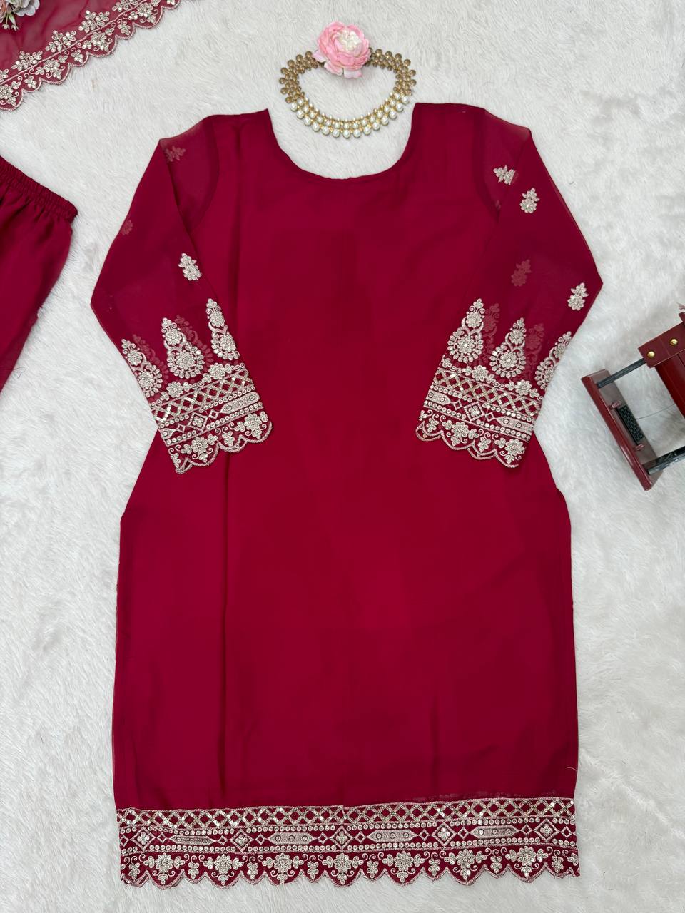 Pink Graceful Faux Georgette Sharara Set with Thread & Sequin Embroidery and Lace Border Dupatta ClothsVilla